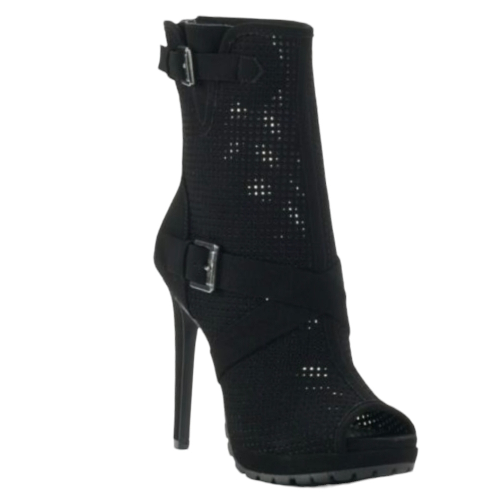 JUICY COUTURE FABIA PERFORATED PEEP-TOE PLATFORM BLACK  BOOTS SIZE 9 1/2 M